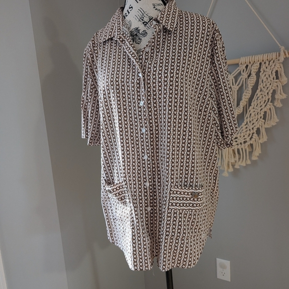 Olsen Button Front Pocket Top Collared Shirt Sleeve Fits Med/Large Brown Cream - Picture 5 of 8